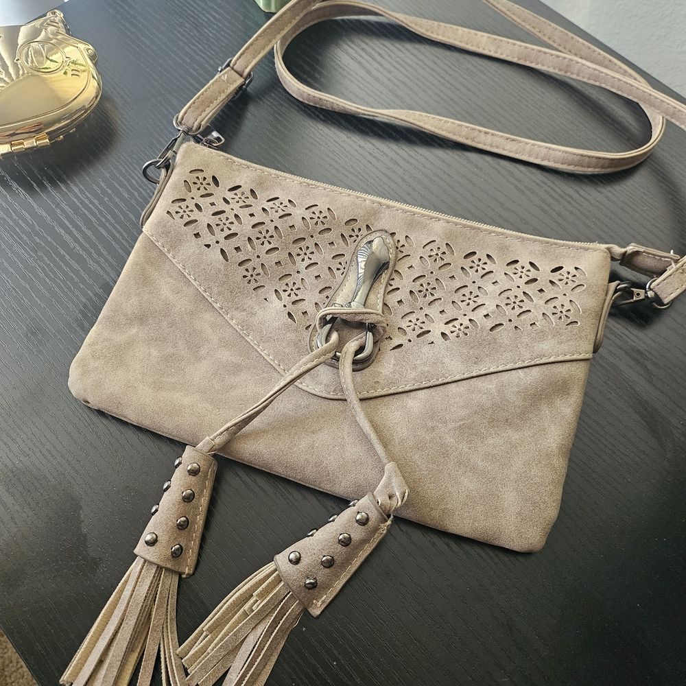 SAG HARBOR Chic Taupe Crossbody Bag with Tassel Accents